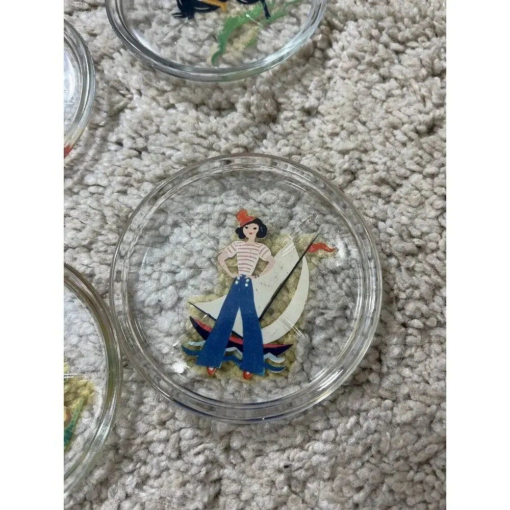 Vtg Set Of 4 Alberto Vegas Style 1940’s Glass Women In Sports Retro Coaster Set